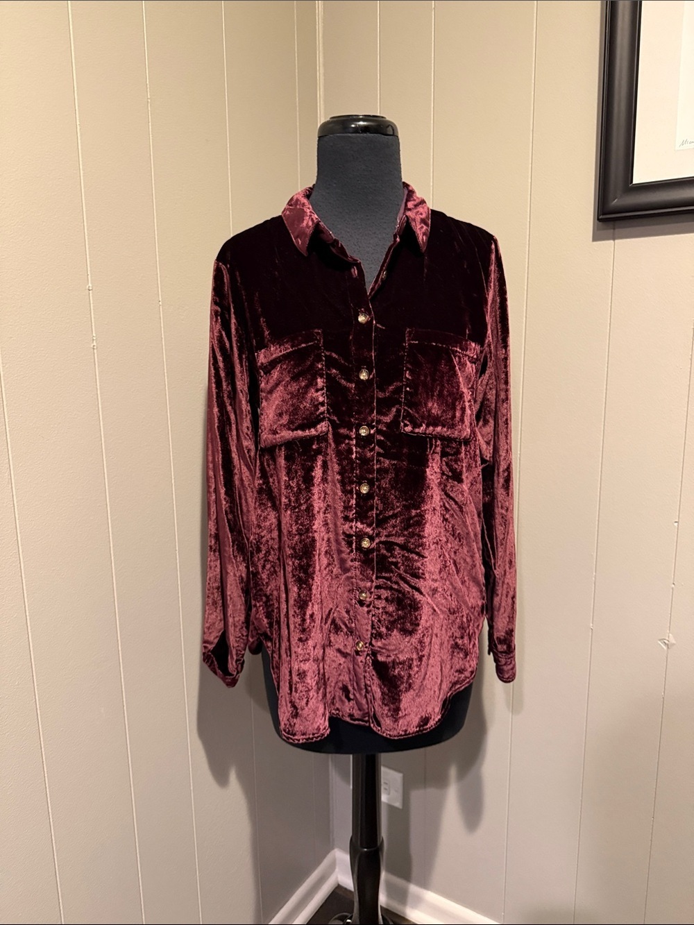 Maeve Anthropologie Women’s 2 Plush Velour Button-Down Shirt in Wine Burgundy - Picture 1 of 6